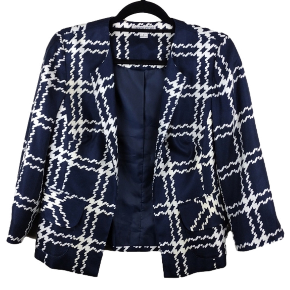 Pendleton Navy Blue 100% Silk Collarless Elbow Length Sleeve Open Front Blazer